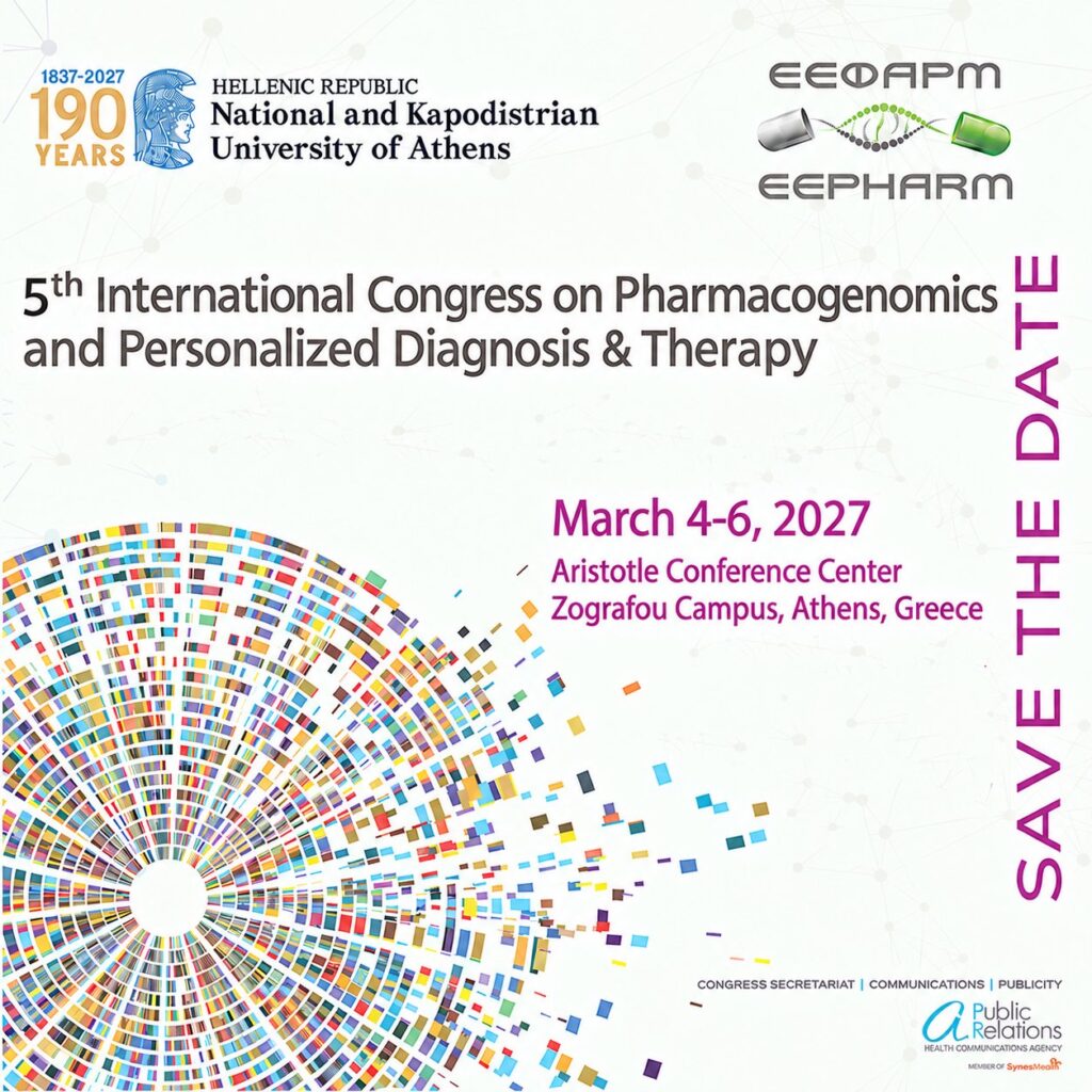 Save the Date poster: 5th International Congress on Pharmacogenomics and Personalized Diagnosis & Therapy, March 4–6, 2027, Aristotle Conference Center, Zografou Campus, Athens, Greece